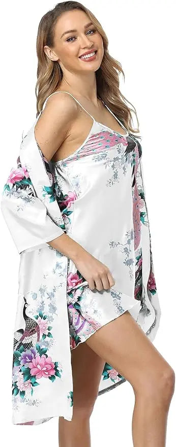 Conjunto de camisón y kimono de satén floral para mujer con camisola, ropa de dormir de 2 piezas, albornoz de pavo real
