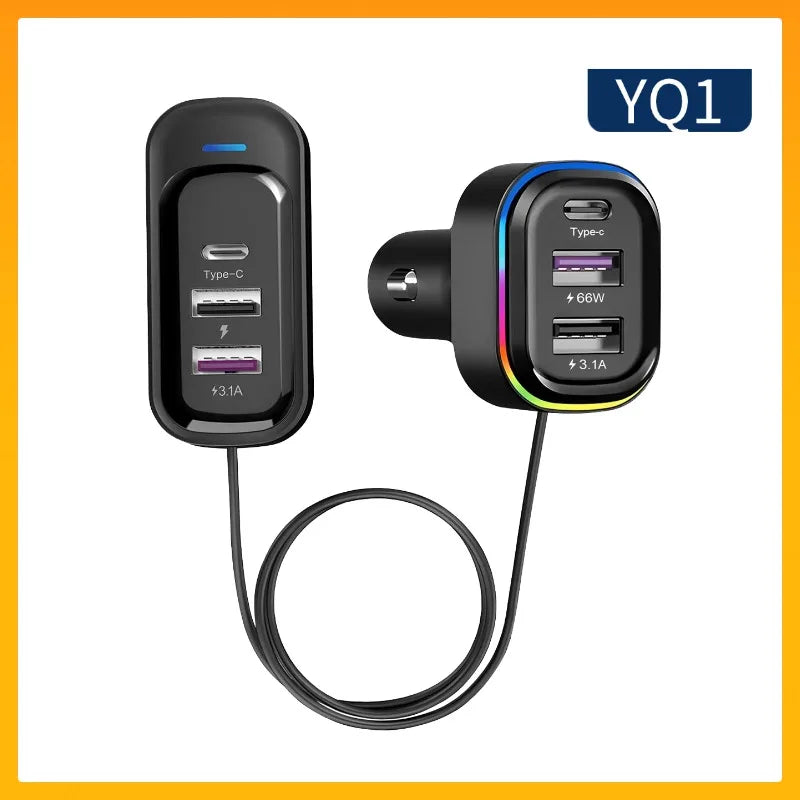 Cargador USB de 6 Puertos para Auto con Extensión para Asientos Traseros