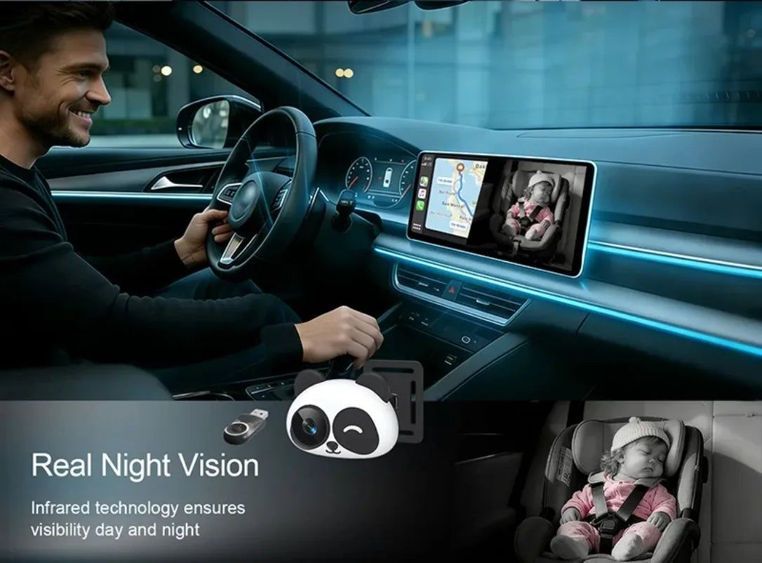 Adaptador Inalámbrico CarPlay Cabin Care, Cámara para Auto HD 1080P para Bebés, 150 °   Monitor de visión nocturna gran angular con pantalla dividida para el asiento trasero