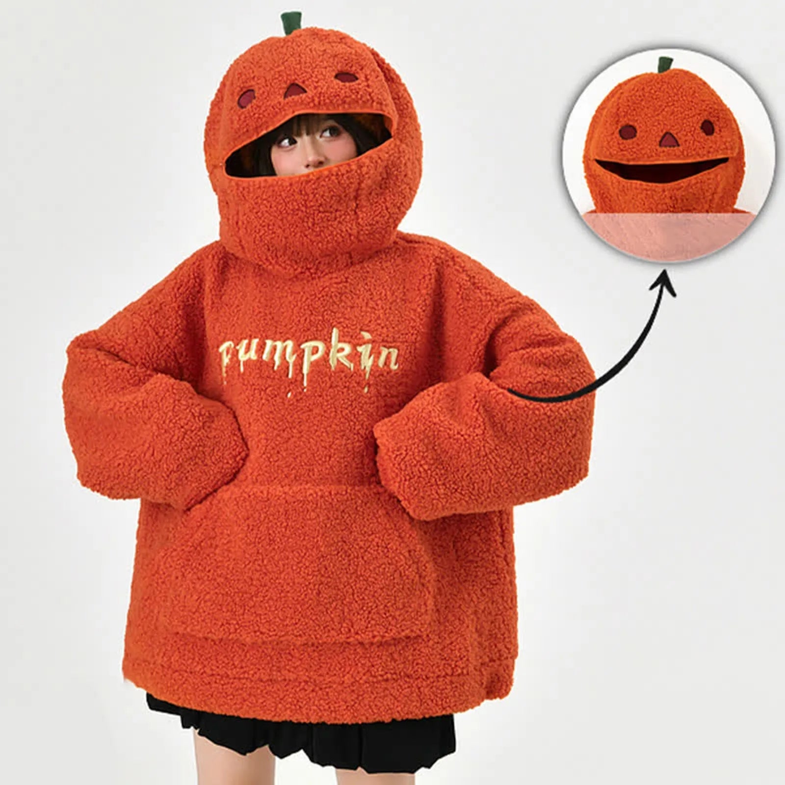 2025 otoño sudaderas con capucha de calabaza fiesta de Halloween cabeza de calabaza polar de cordero mujeres Sudadera con capucha bordado ropa de calle gruesa