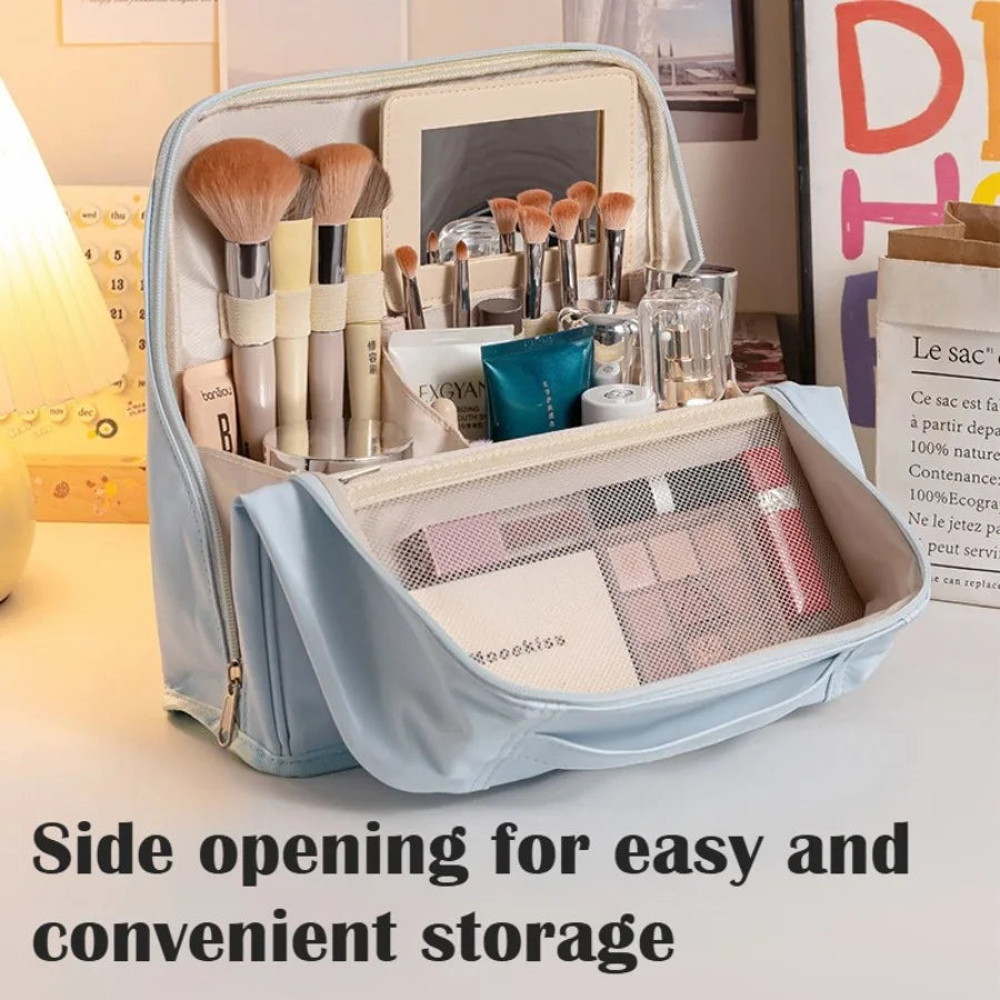 Bolsa de Maquillaje de Viaje para Mujer, Gran Capacidad, Impermeable, Organizador de Cosméticos con Abertura Amplia, Soporte para Brochas Independiente, Fácil Acceso