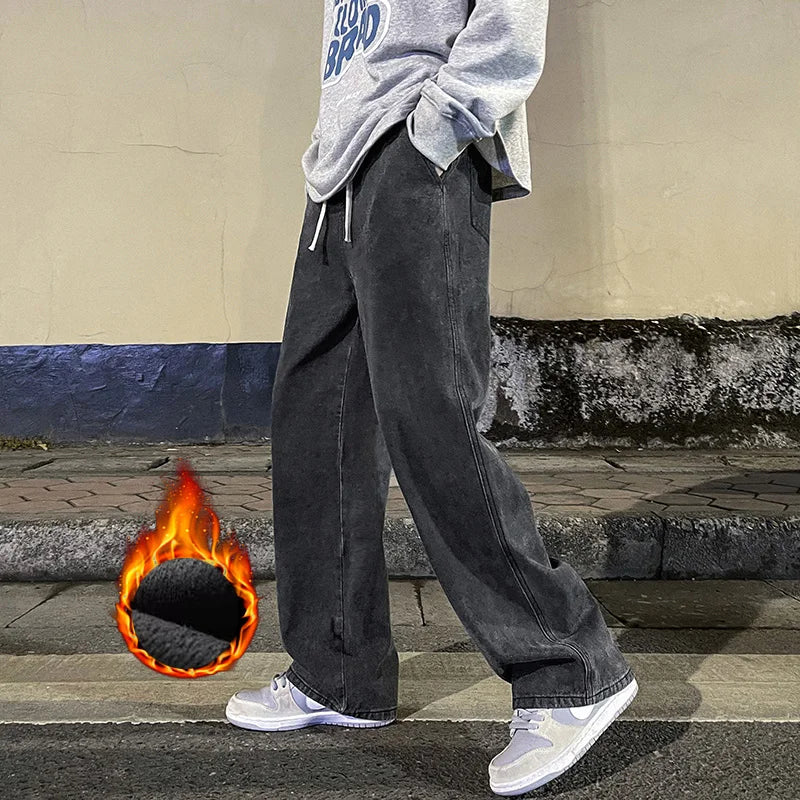 Pantalones Vaqueros Y2K para Hombre, Pierna Ancha, Forro de Terciopelo