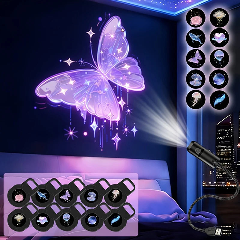 Luz proyectora LED USB con 10 patrones, rotación 360°, para interiores y jardín