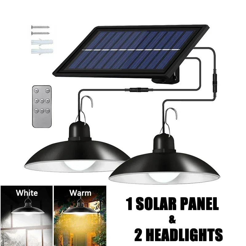 Lámpara colgante Solar de 2/1 cabezal, lámpara remota para exteriores, lámpara de jardín de energía impermeable, cobertizo de jardín interior, LED de Granero con control remoto