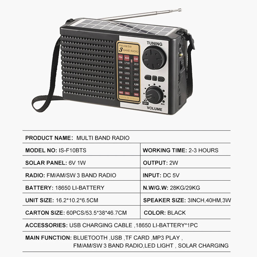 Radio de Emergencia Solar AM FM SW con Linterna LED y Bluetooth