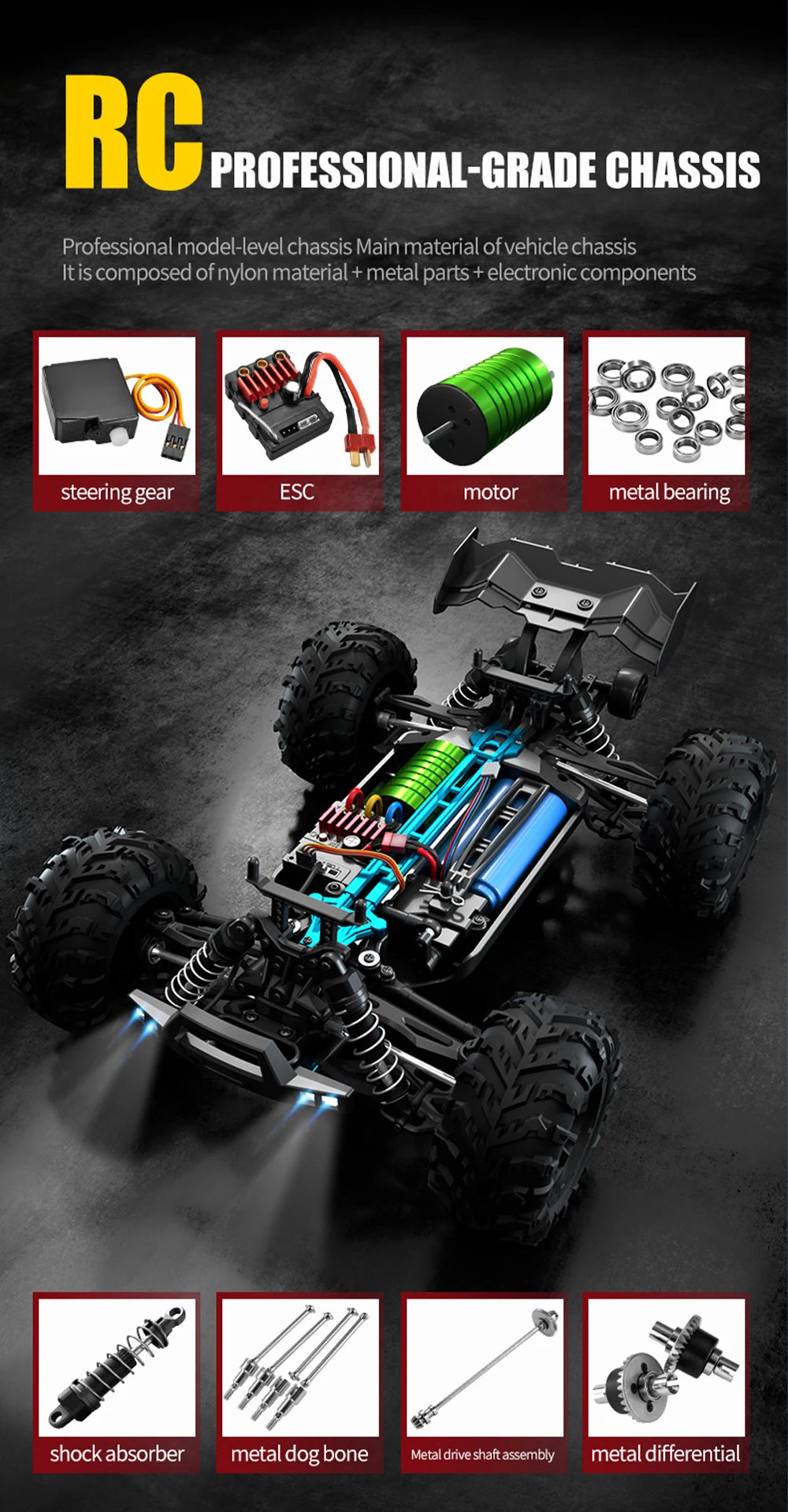 Coche RC Todoterreno 1:16 4WD sin Escobillas, 70 KM/H con Luces LED