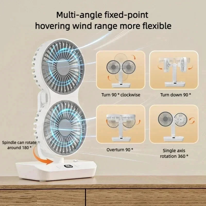 Ventilador de escritorio de doble cabezal, ventilador de 4 engranajes, refrigeración rápida por viento, pantalla Digital, gran capacidad de 2024 mAh, para el hogar, novedad de 12000