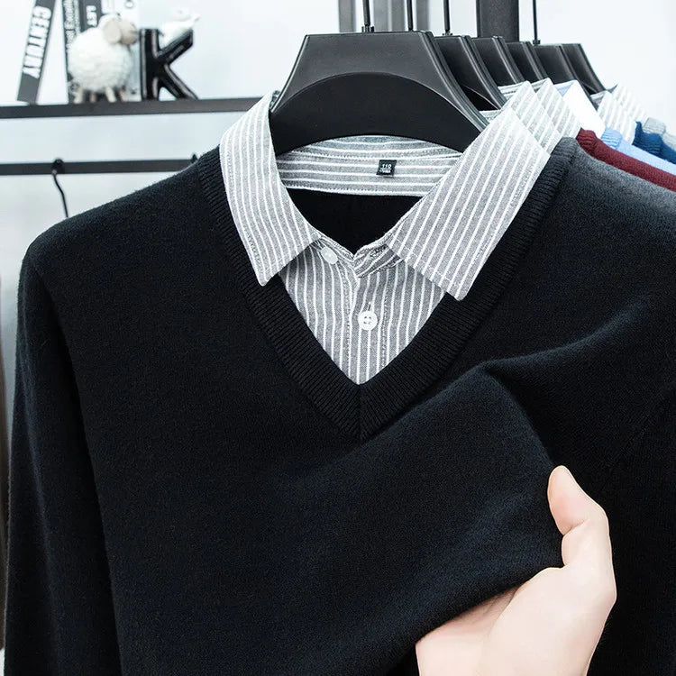 Suéter de punto con cuello de camisa para hombre, azul claro (6 colores), diseño falso de dos capas, estilo informal de negocios    Ajuste elástico y cómodo
