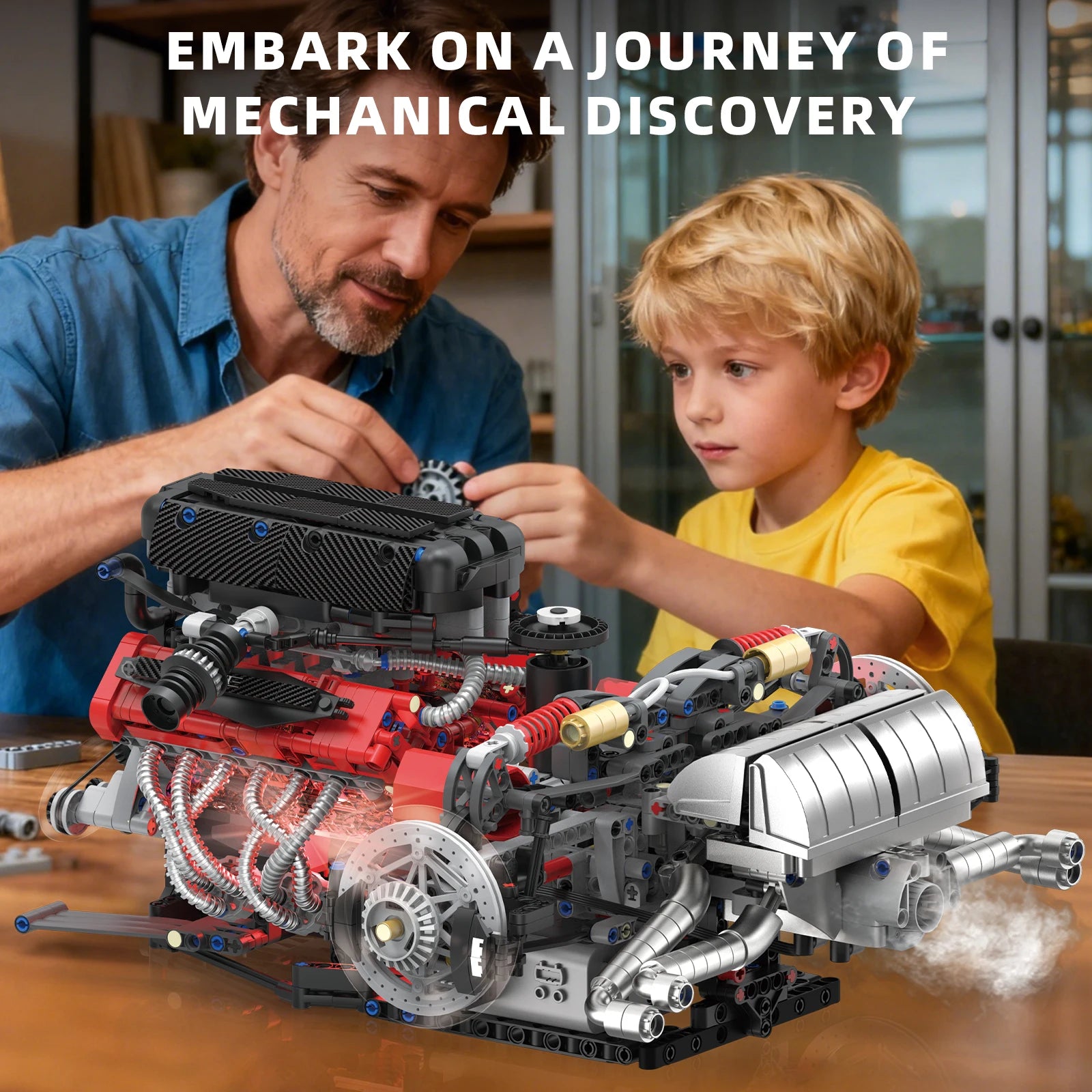 Juego de modelos de ensamblaje de bloques de construcción de motor V12 de 1610 Uds.-Kit MOC programable con control remoto por aplicación con luces y pulverización