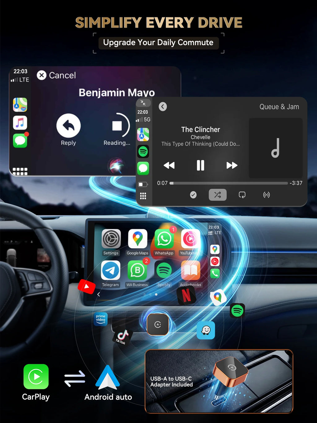 Adaptador Inalámbrico CarPlay 2026 (Tipo C) CarPlay y Android Auto, Puerto Tipo C, Convierte de Cableado a Inalámbrico, Plug & Play, Auto-C