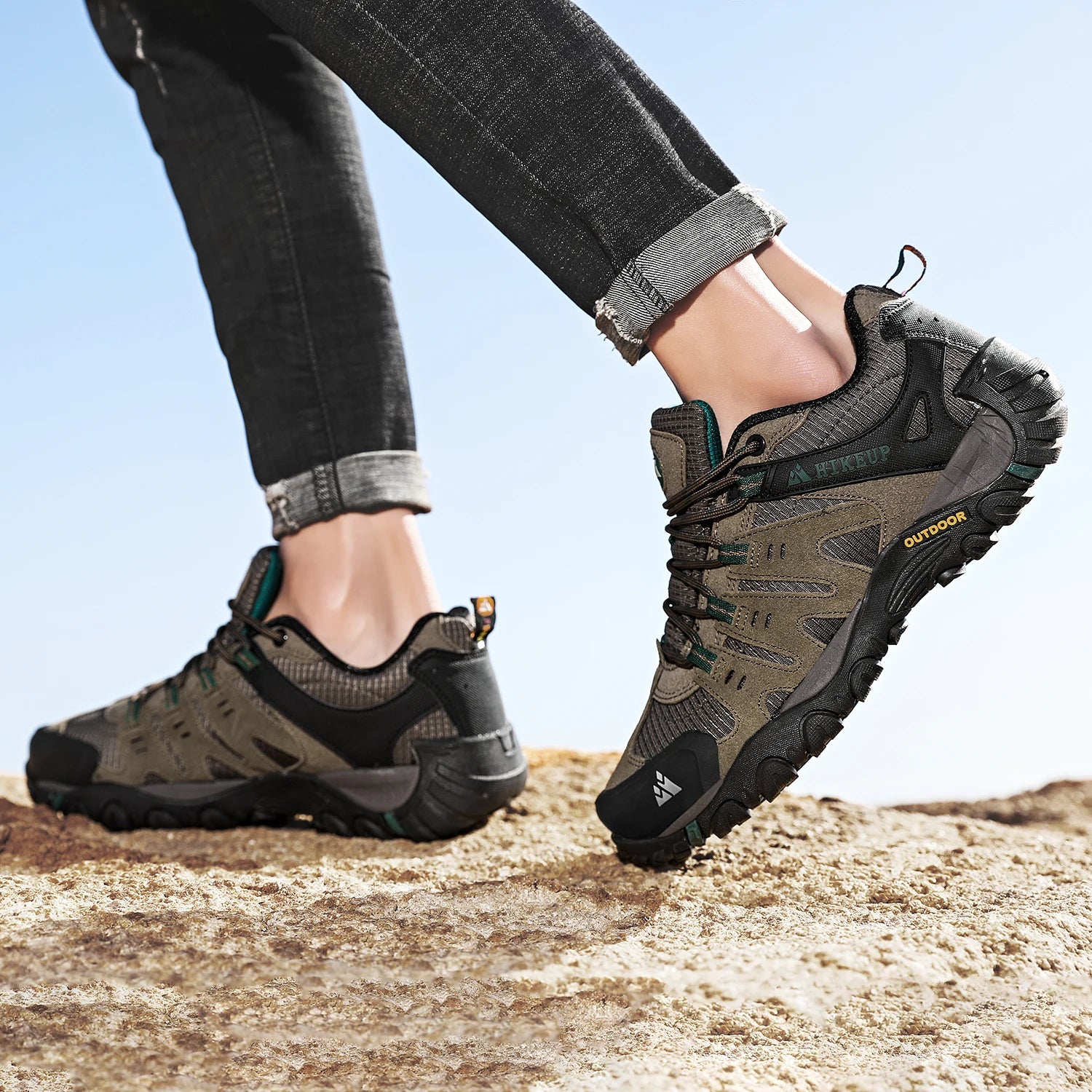 Zapatos de senderismo HIKEUP para hombre, zapatos de exterior de piel de ante, zapatillas tácticas resistentes al desgaste para senderismo, caminar y cazar