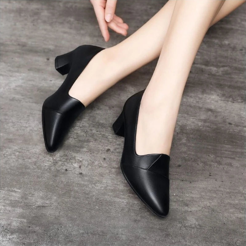 Zapatos de Tacón Grueso con Punta en Pico para Mujer, Zapatos de Oficina y Carrera, Corte en V, Acabado Mate, Clásicos, Elegantes y Cómodos