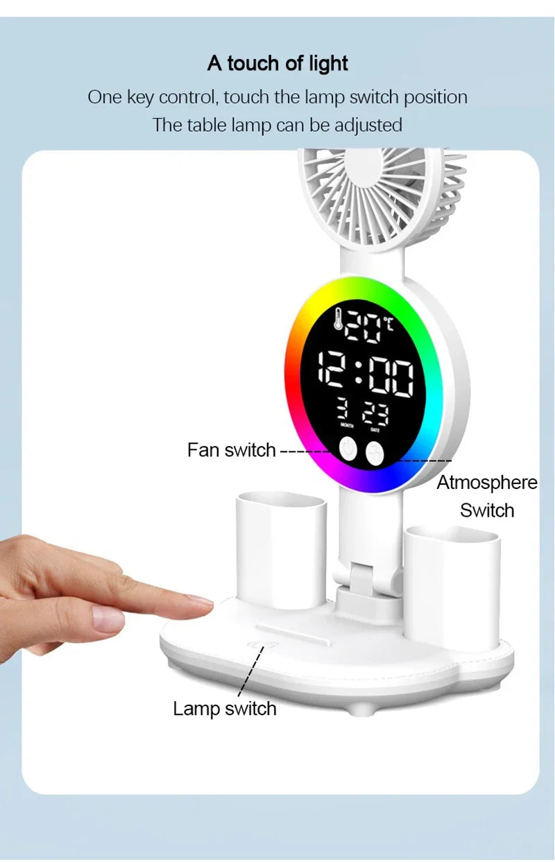 Lámpara de mesa Led para estudio, lámpara de escritorio, luz de lectura, luz nocturna Led con ventilador, reloj Led, pantalla, luz de escritorio de lectura