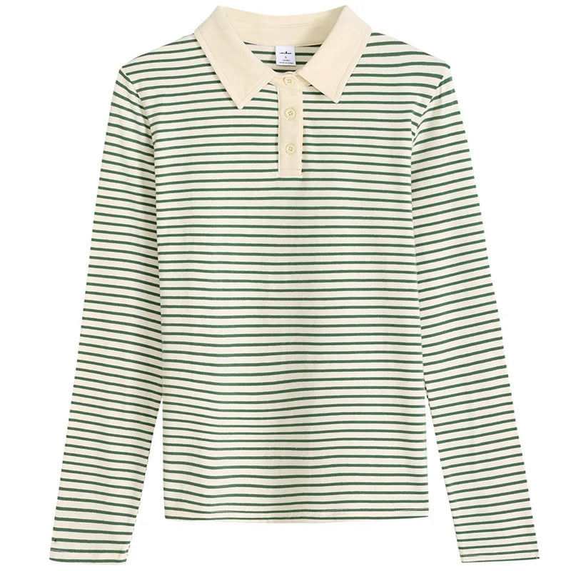 Polo de Manga Larga a Rayas de Estilo Coreano
