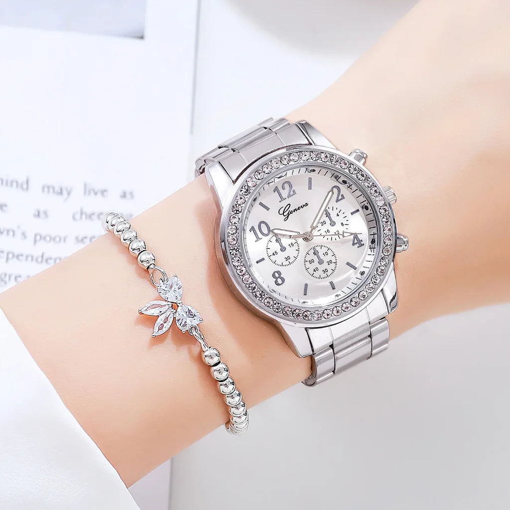 Reloj dorado para mujer Geneva, reloj clásico de acero inoxidable para mujer, relojes de cuarzo con diamantes de imitación a la moda, reloj de pulsera para mujer y niña