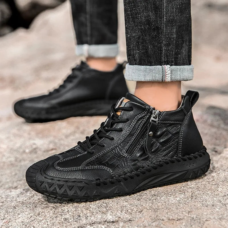 Botas altas de cuero genuino para hombre con cremallera y suela antideslizante