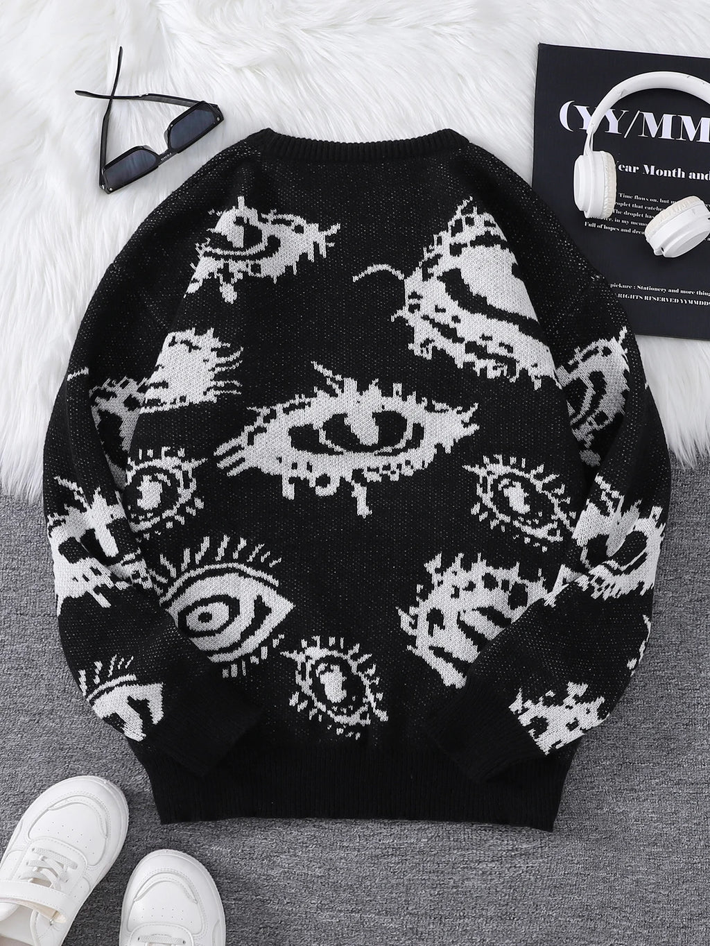 Nuevo Jersey Popular de otoño e invierno con diseño de Jacquard de ojos abstractos, suéter informal de punto con cuello redondo para hombre