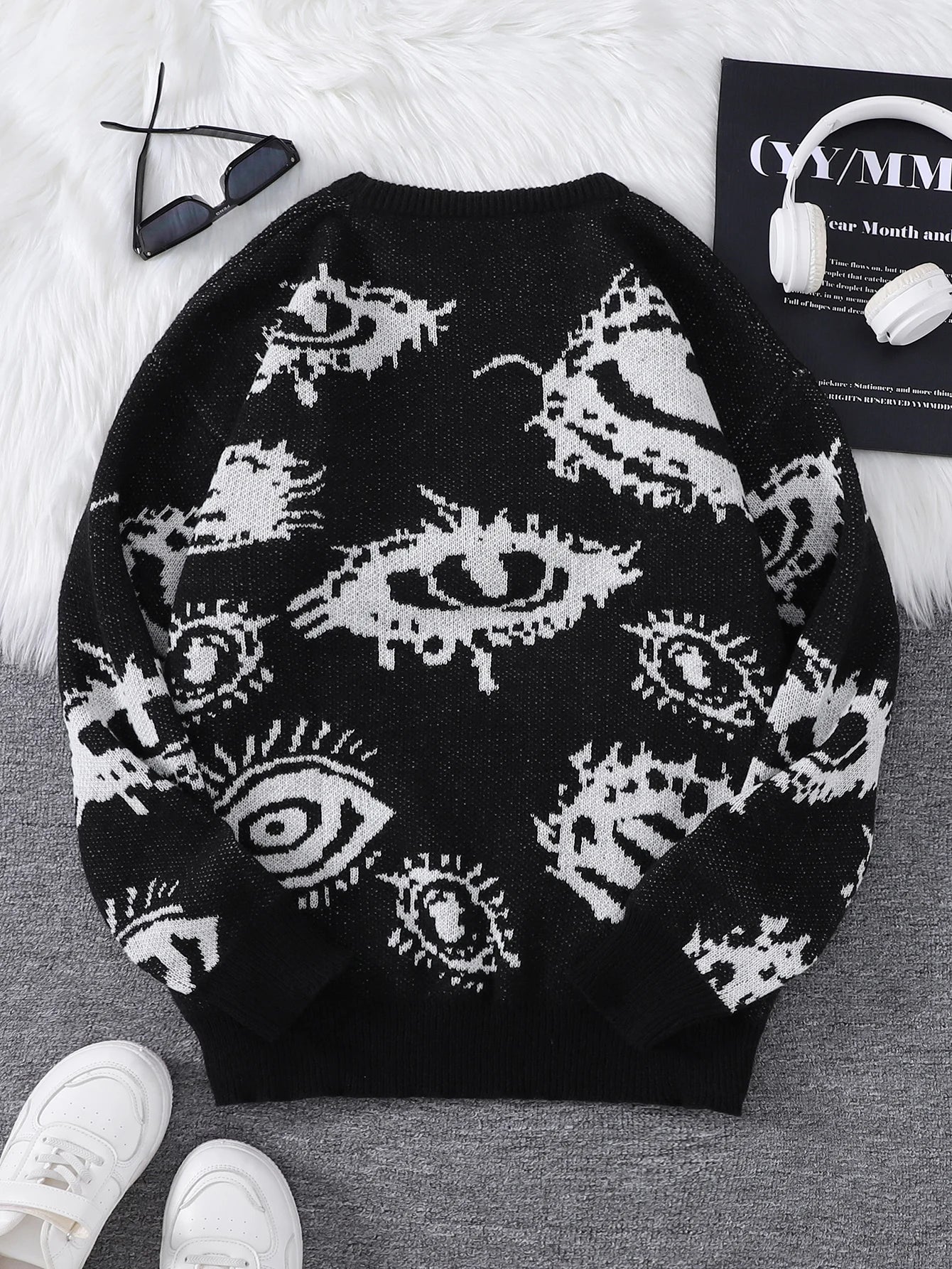 Nuevo Jersey Popular de otoño e invierno con diseño de Jacquard de ojos abstractos, suéter informal de punto con cuello redondo para hombre