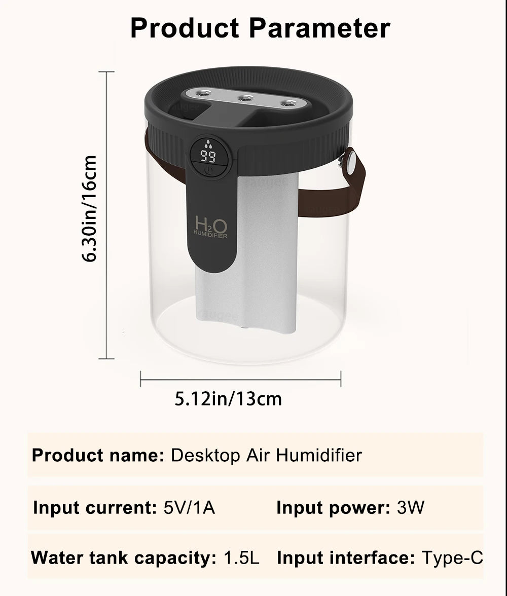 Humidificador de aire de 1,5 l, humidificador doméstico de gran capacidad, generador de niebla silencioso, batería de 1800mAh, humidificador recargable por USB con luz LED