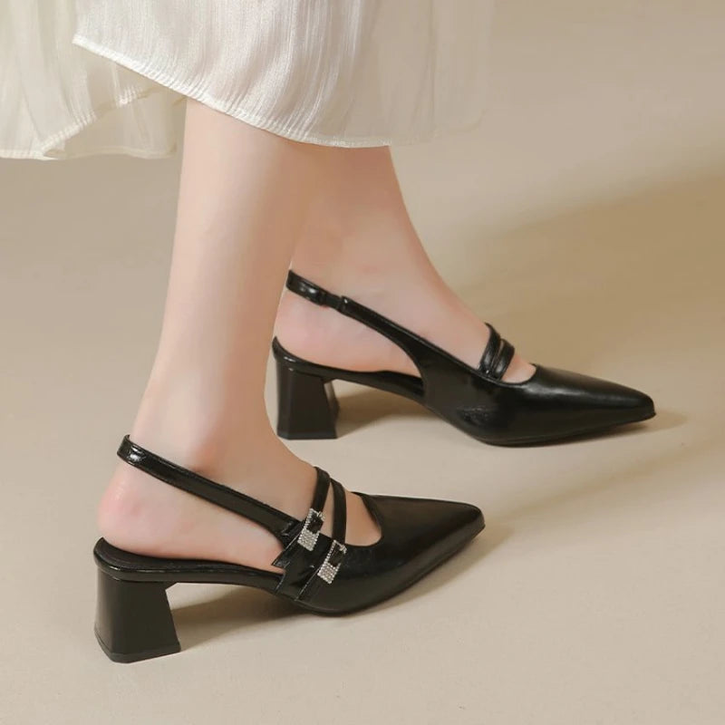 Zapatos de Tacón Ancho con Punta en Pico y Tira Trasera para Mujer, Estilo Francés Chic, Minimalistas, para Oficina, Vestir, Sandalias Casuales con Hebilla para Fiesta