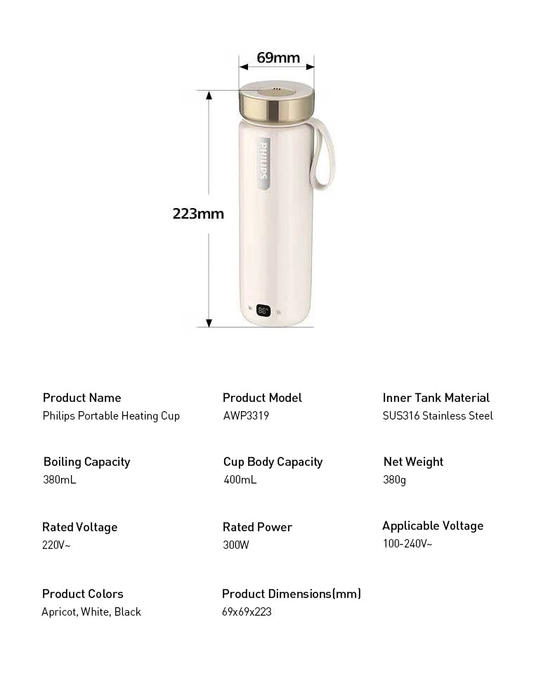 Taza Calefactora Eléctrica Portátil 400ml con 5 Niveles de Temperatura