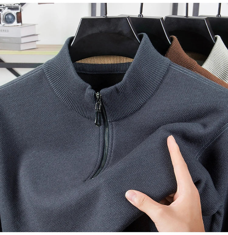 Suéter grueso de terciopelo de alta calidad, jersey con media cremallera para hombre, nueva camiseta cálida holgada informal, prendas de punto