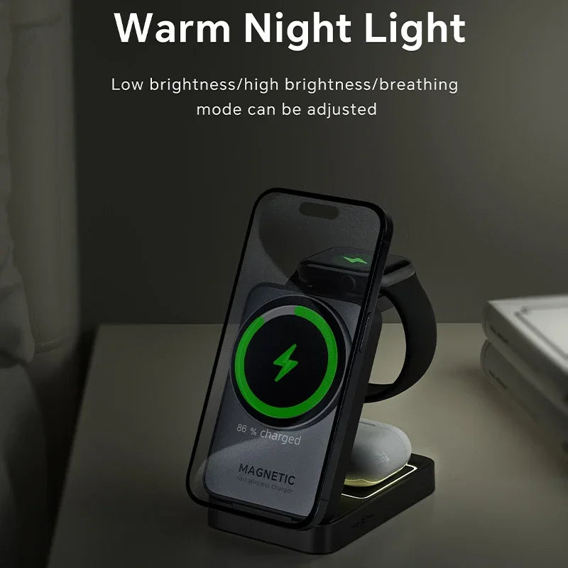 Soporte de Carga Inalámbrico Magnético 3 en 1 Plegable para Magsafe iPhone 16 15 14 13 Apple Watch 2-9 Airpods Pro, Estación de Carga Rápida