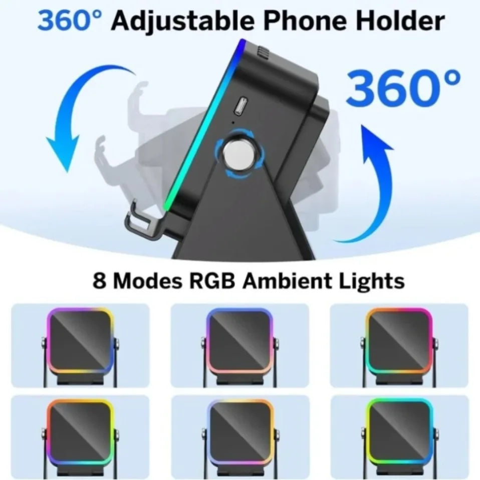 Soporte portátil para teléfono con Bluetooth 5 en 1, altavoz inalámbrico de inducción automática, soporte para teléfono con luz RGB de 8 modos, sonido envolvente