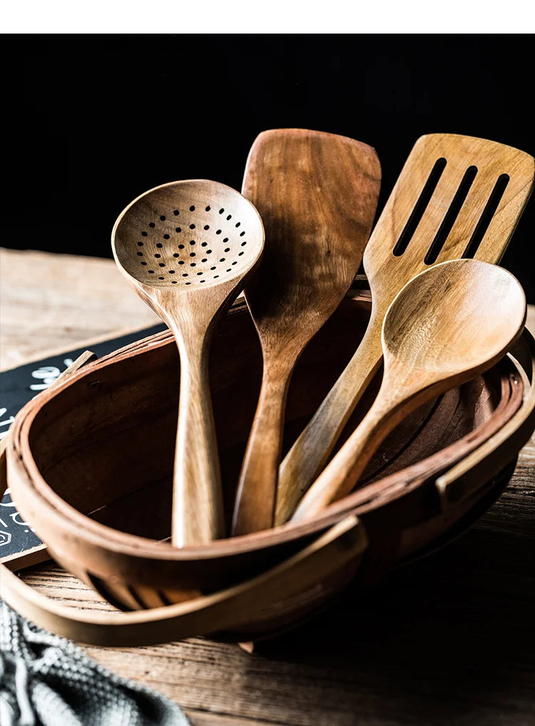 9 cucharas de madera para cocinar, utensilios de madera para cocinar con soporte para utensilios, juego de utensilios de cocina de madera de teca