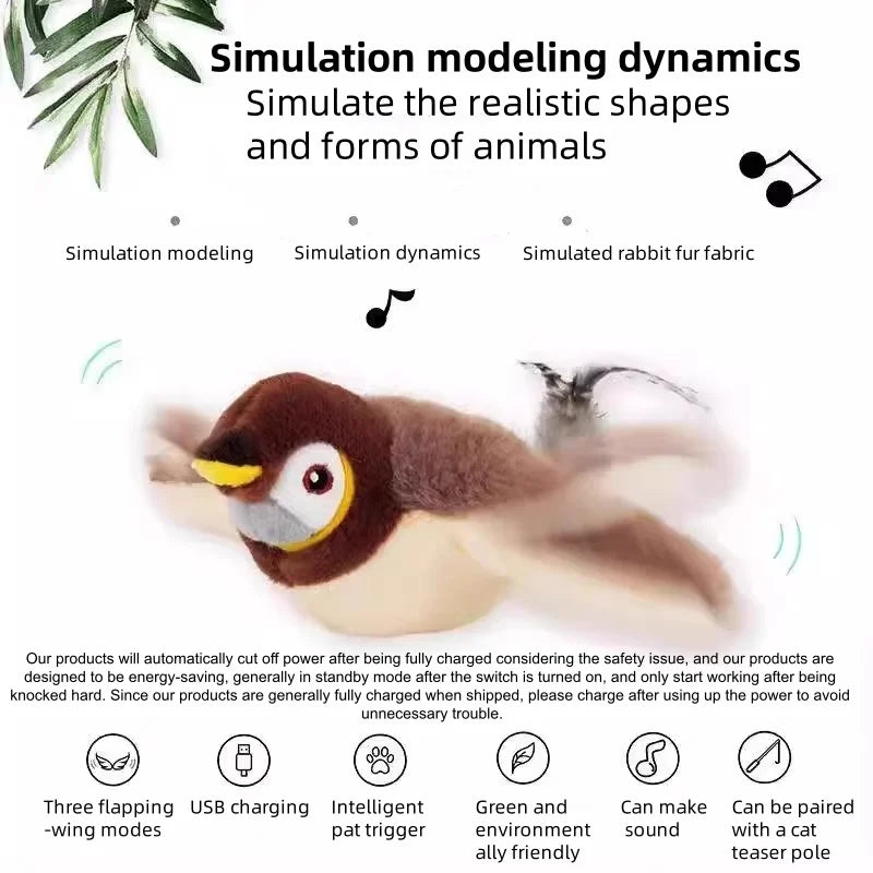 Juguete interactivo para gatos, pájaro batiente con hierba gatera, pájaro de simulación recargable, juguetes para gatos, juguetes de peluche esponjosos activados por tacto para gatos