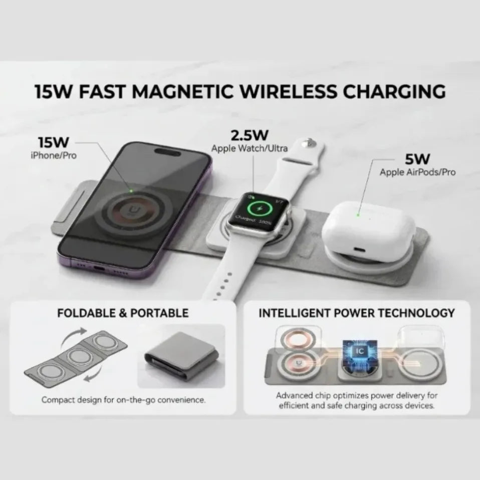 Cargador inalámbrico plegable 3 en 1, base de carga rápida para iPhone, Apple Watch, AirPods Pro, portátil, para viajes, hogar, oficina, uso diario