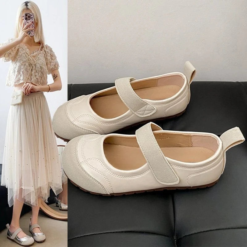 Zapatos Planos Retro Mary Jane para Mujer, Estilo Francés Chic, con Diseño Empalmado, Casuales, Minimalistas, con Velcro, Suela Suave, Punta Redonda, Calzado Cómodo de Verano