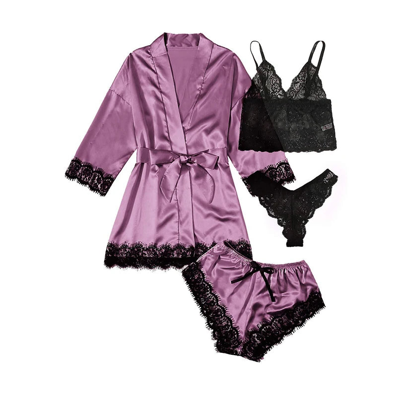Conjunto de Pijama Sedoso con Encaje para Mujer - Camisón Sexy