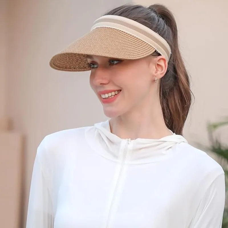 Sombrero de Paja para Mujer con Ala Ancha, Protección UV, Visera de Playa para Verano con Orificio para Cola de Caballo, para Golf, Viajes y Actividades al Aire Libre