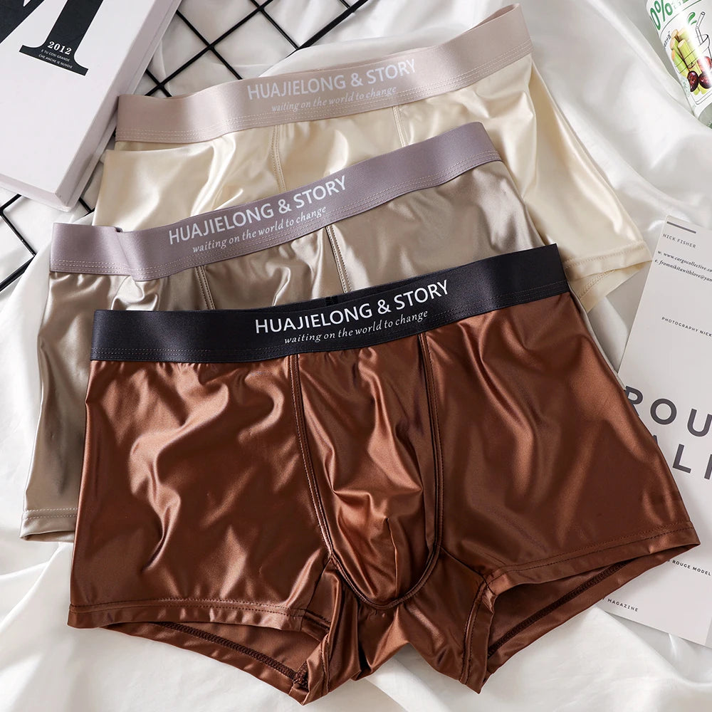 3 unids/pack de Boxers de lujo de seda de hielo tipo satén, calzoncillos de verano lisos y lisos para hombre, bragas con entrepierna de malla transpirable, ropa interior