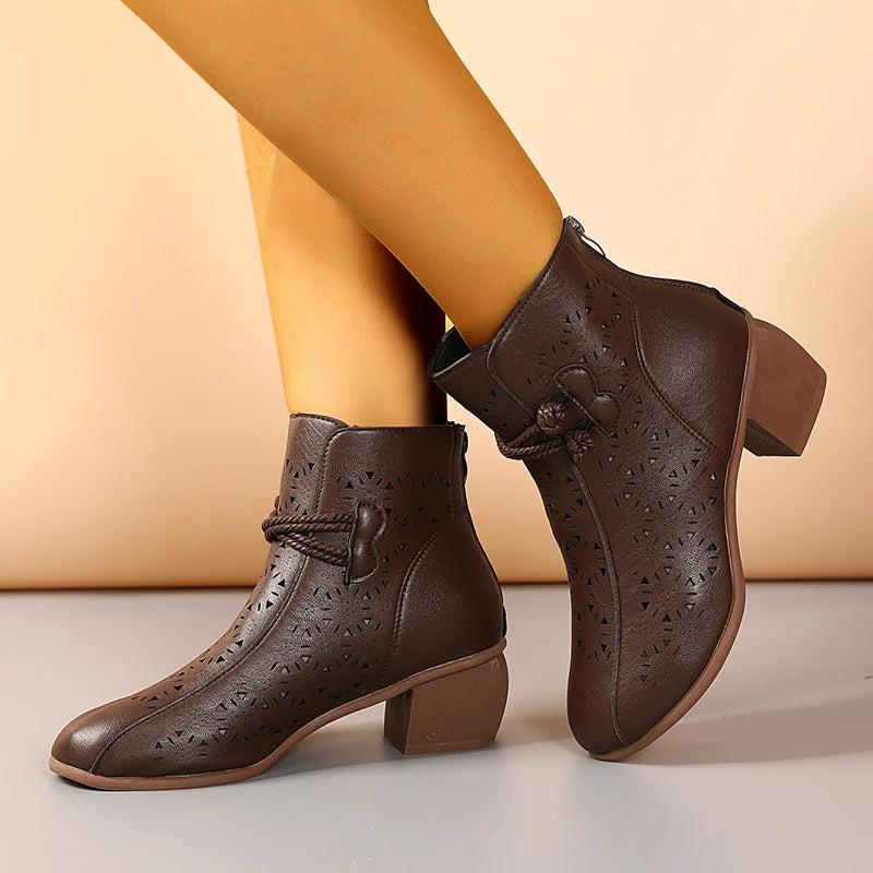 NOVEDAD DE VERANO 2025, botines de tacón medio con suela suave y agujeros a la moda para mujer, zapatos cómodos transpirables Retro