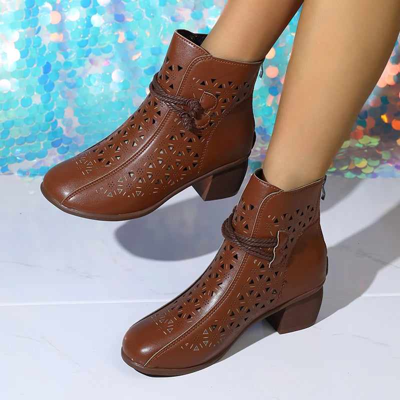 NOVEDAD DE VERANO 2025, botines de tacón medio con suela suave y agujeros a la moda para mujer, zapatos cómodos transpirables Retro