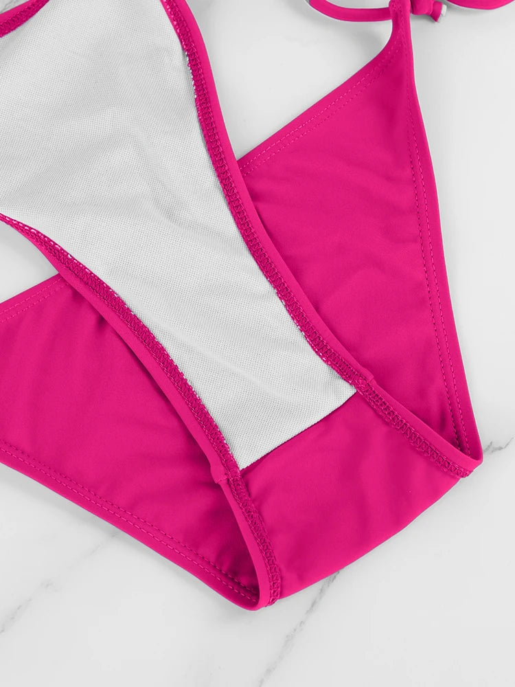 Conjunto de Bikini de 2 Piezas para Mujer, Traje de Baño Sexy de Color Rojo Rosa, con Tirantes Cruzados en la Espalda