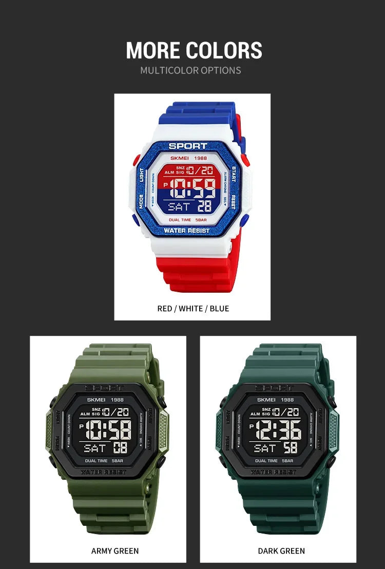 Reloj deportivo Digital SKMEI 1988 para Hombre, pantalla LED, relojes de pulsera militares con cuenta atrás, Reloj impermeable para Hombre 1628