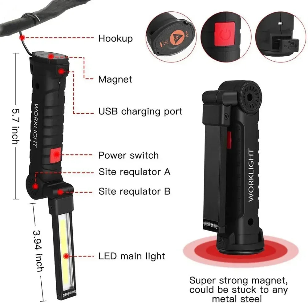 Lámpara de Trabajo LED COB Recargable con Imán y Gancho