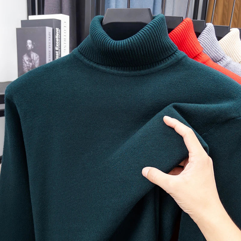 Otoño para hombre de alta calidad de punto suéter de cuello alto ajustado de manga larga anti-pilling jersey Color sólido tendencia hombres Streetwea