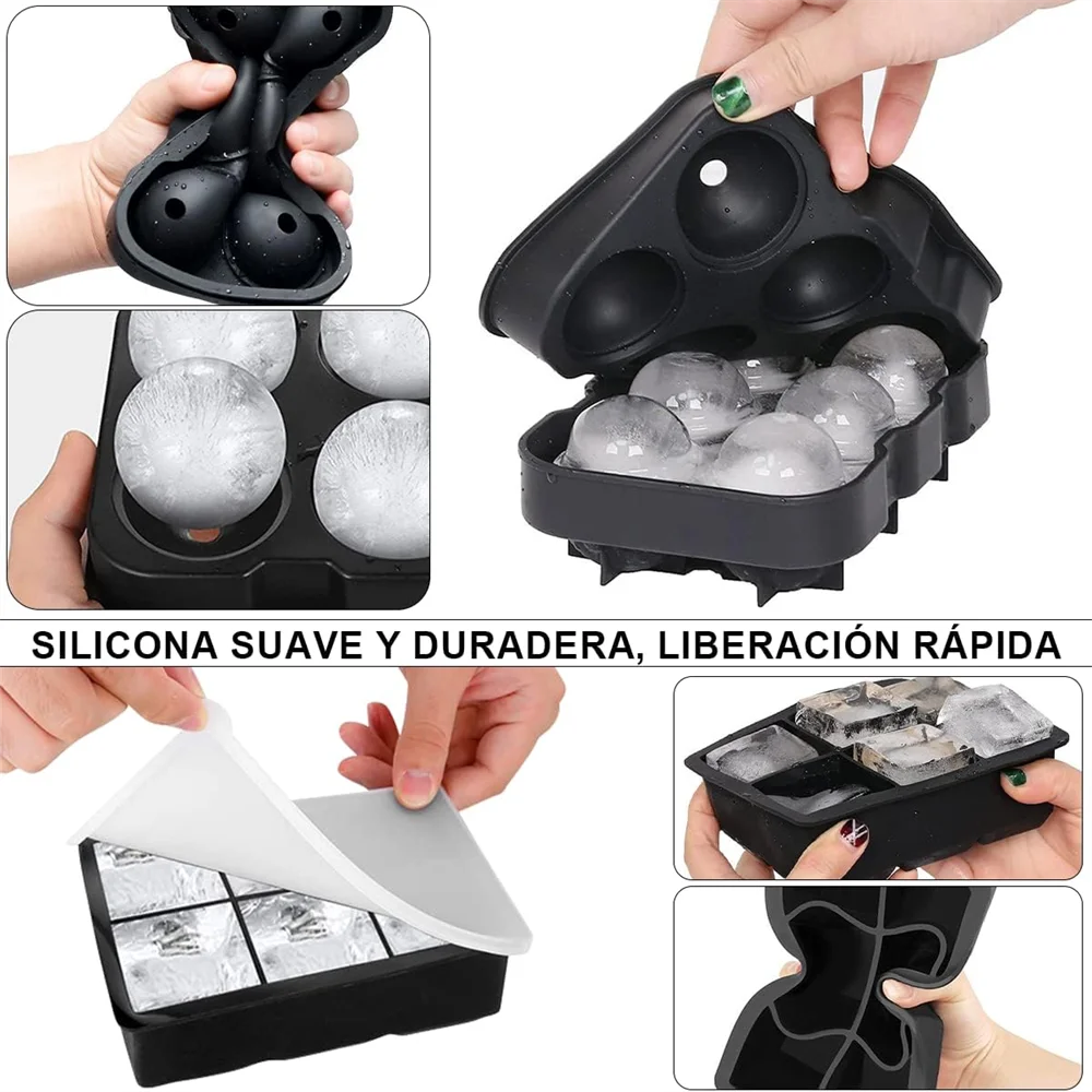 Moldes para hielo, moldes y bandejas para hielo de silicona, máquina para hacer hielo de gran tamaño en forma de esferas y cubos, perfecta para cócteles, whisky