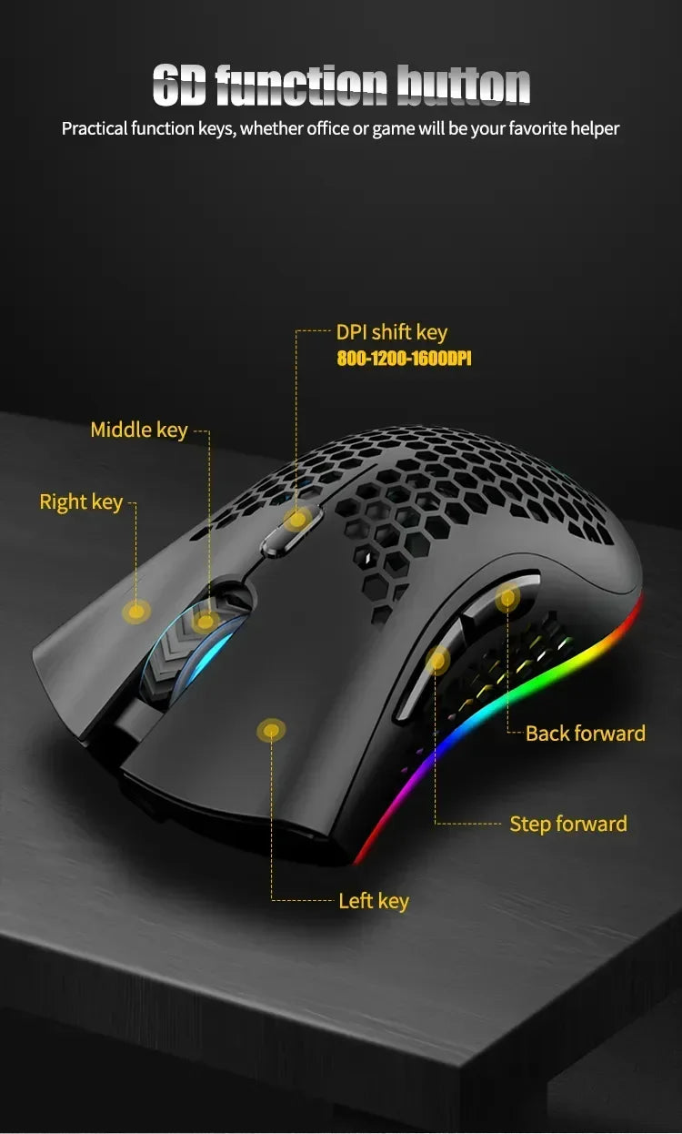 Ratón inalámbrico BM600 USB 2,4G inalámbrico RGB óptico celular ratón para juegos ergonómico óptico de panal ratón inalámbrico de oficina