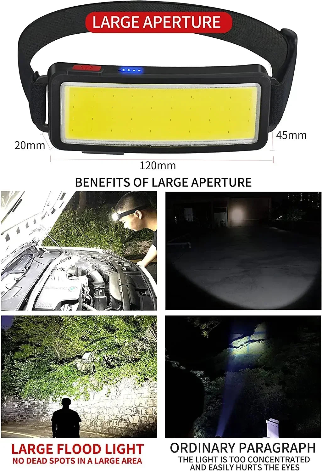 Linterna Frontal LED COB Portátil Recargable USB Resistente al Agua Camping