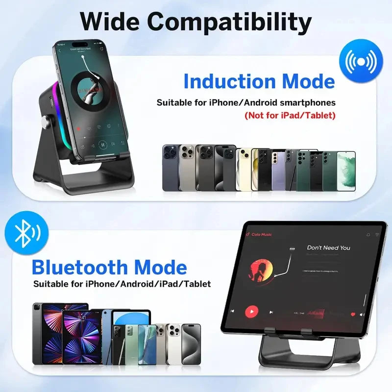 NUEVO Altavoz Inalámbrico de Inducción Automática 5 en 1 con 8 Modos de Luz RGB, Soporte para Teléfono, Sonido Envolvente, Soporte Portátil para Teléfono con Bluetooth