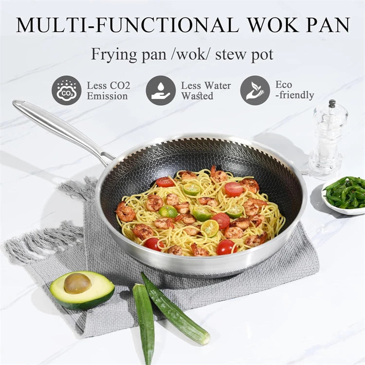 Sartén Wok de acero inoxidable 316, sartén Wok antiadherente de panal, sartén grande para freír con mango, Compatible con inducción JT560