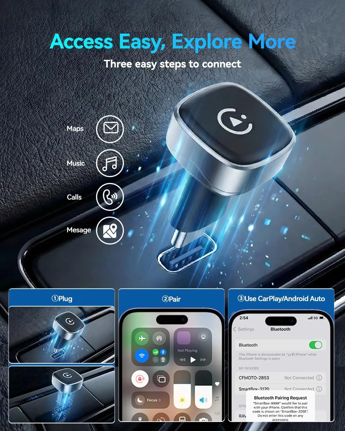 Adaptador Inalámbrico Ultra Mini Carplay 2026 para iPhone y Android Auto USB para Apple Car Play Dongle Plug & Play para iOS, Android