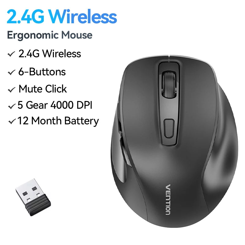 Vention-ratón inalámbrico Bluetooth 5,1, USB 2,4G, modo Dual, ergonómico, 4000 DPI, silencioso, 6 botones, para MacBook, tableta, portátil, PC