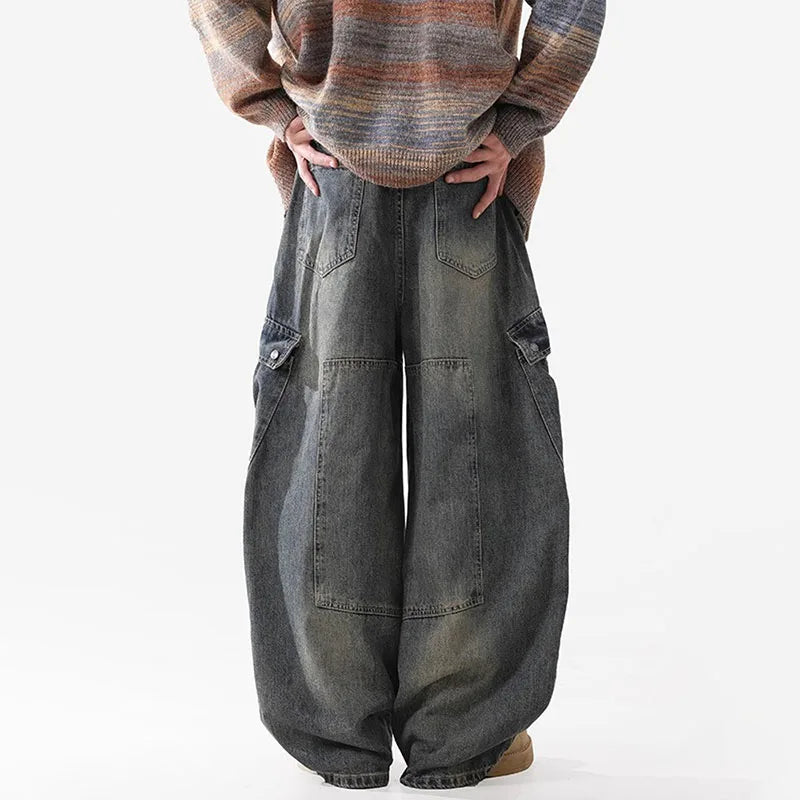 Pantalones Vaqueros Retro de Múltiples Bolsillos para Hombre, Pierna Ancha