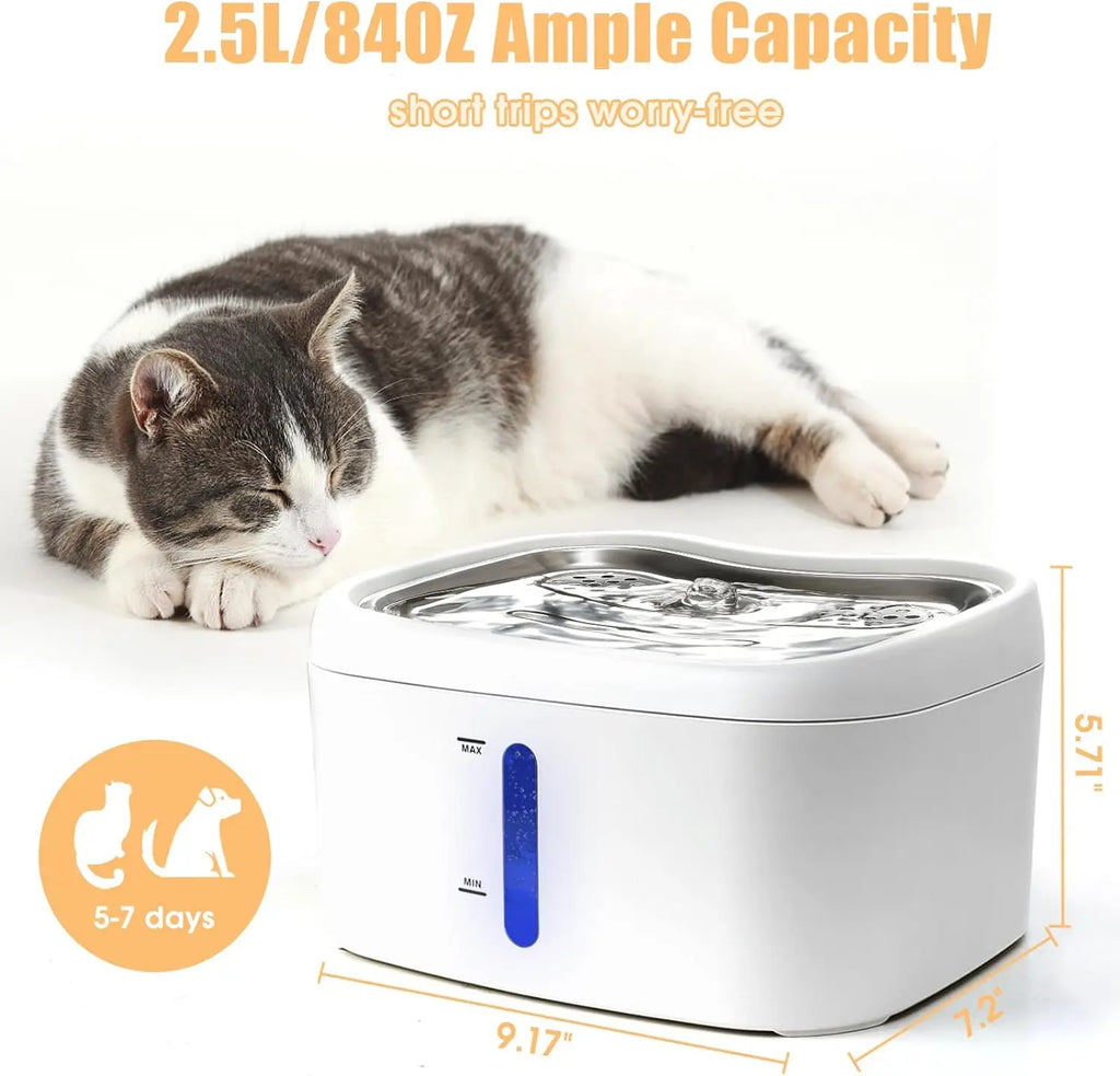 Fuente de agua para gatos de 2,5l/84oz, dispensador automático de agua para mascotas con bandeja de acero inoxidable, dispensador de agua potable silencioso para perros y gatos